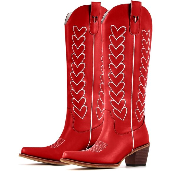 Women's Red Hearts Cute Embroidery Chunky Knee Block High Heel Western Boots - Picture 1 of 4